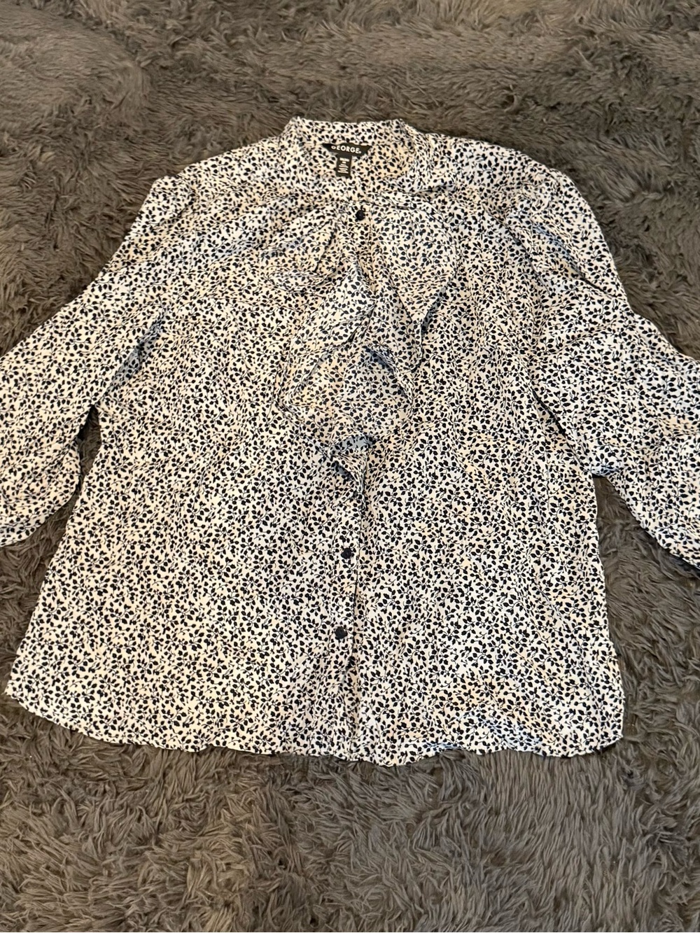 George White Blouse with Black Spot Print and Ruffle Front